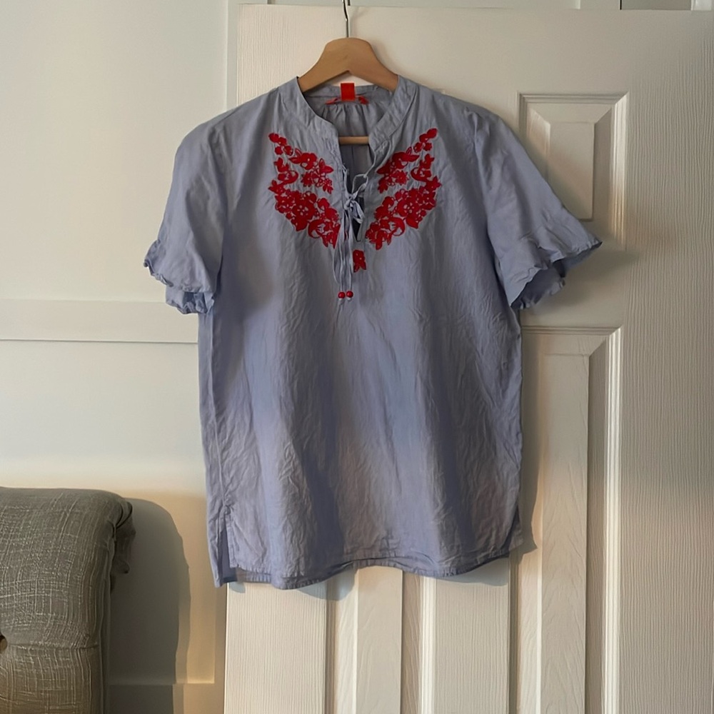 JOE FRESH size S seer sucker red floral embroidered blouse